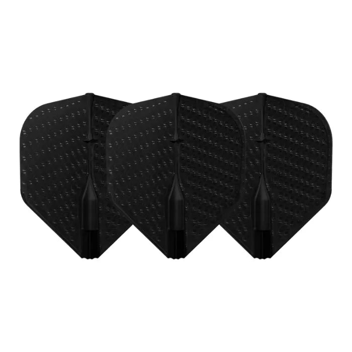 Three black EZ L1 dimple dart flights arranged in a row, full view on white background, highlighting stability texture