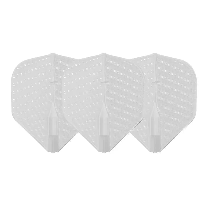 Three clear L1 dimple dart flights displayed side by side, full product view on white background, highlighting textured flight design