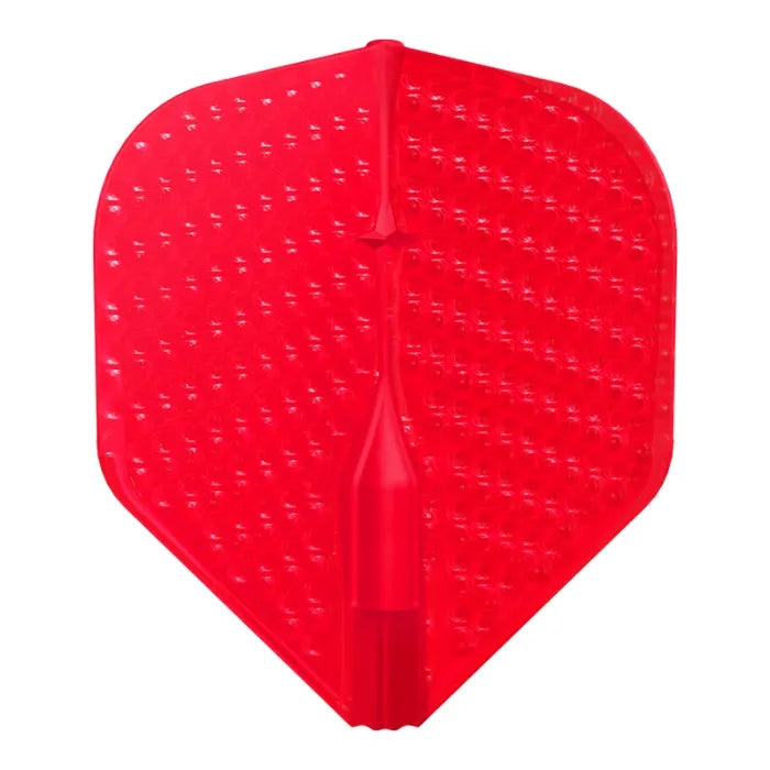 Red L-style L1 EZ dart flight full view, dimple texture, isolated on white background for dart setup precision.