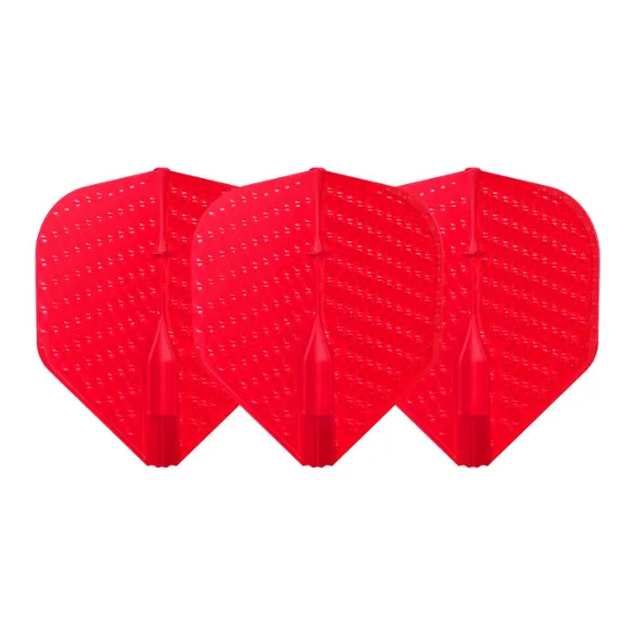 Three red dimpled dart flights in standard L1 shape, full view on white background, highlighting textured flight surface
