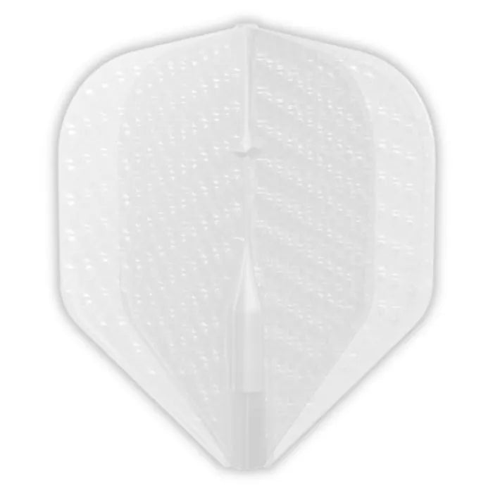Top-down view of single EZ L1 dimple dart flight, white, showing dimpled texture and durable molded construction