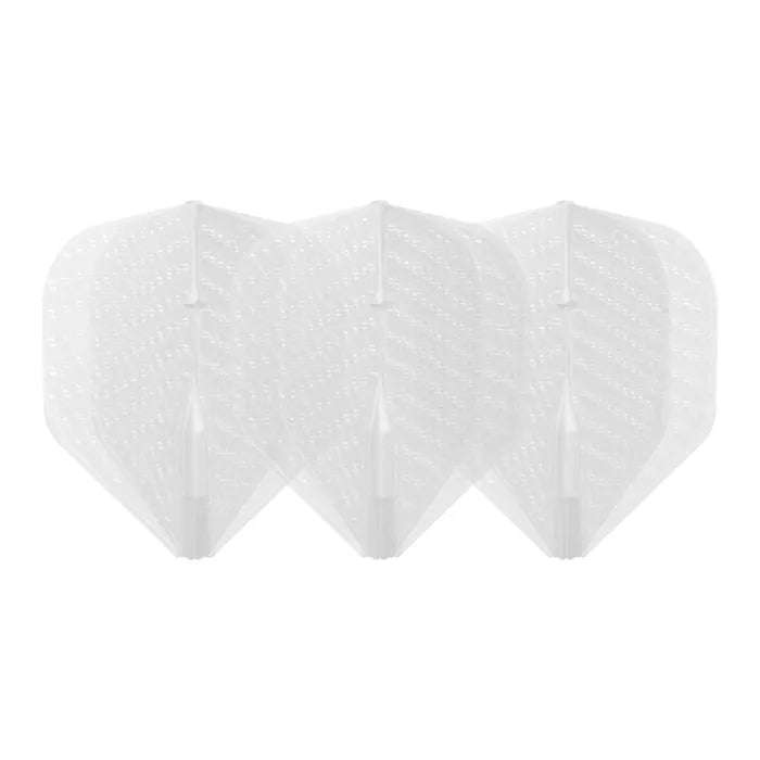 Three clear L1 EZ dimple dart flights aligned side by side, full product view on white background
