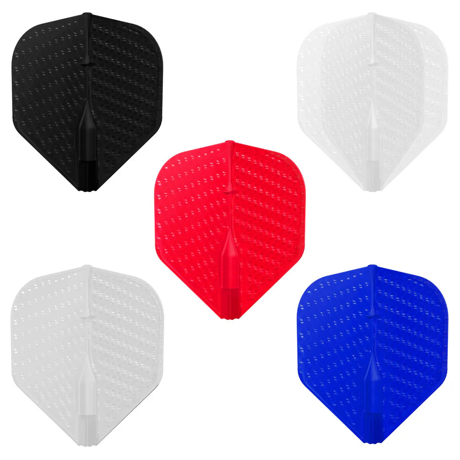 Top-down view of five EZ L1 dimple dart flights in black, white, red, and blue, arranged on white background showing dimpled texture