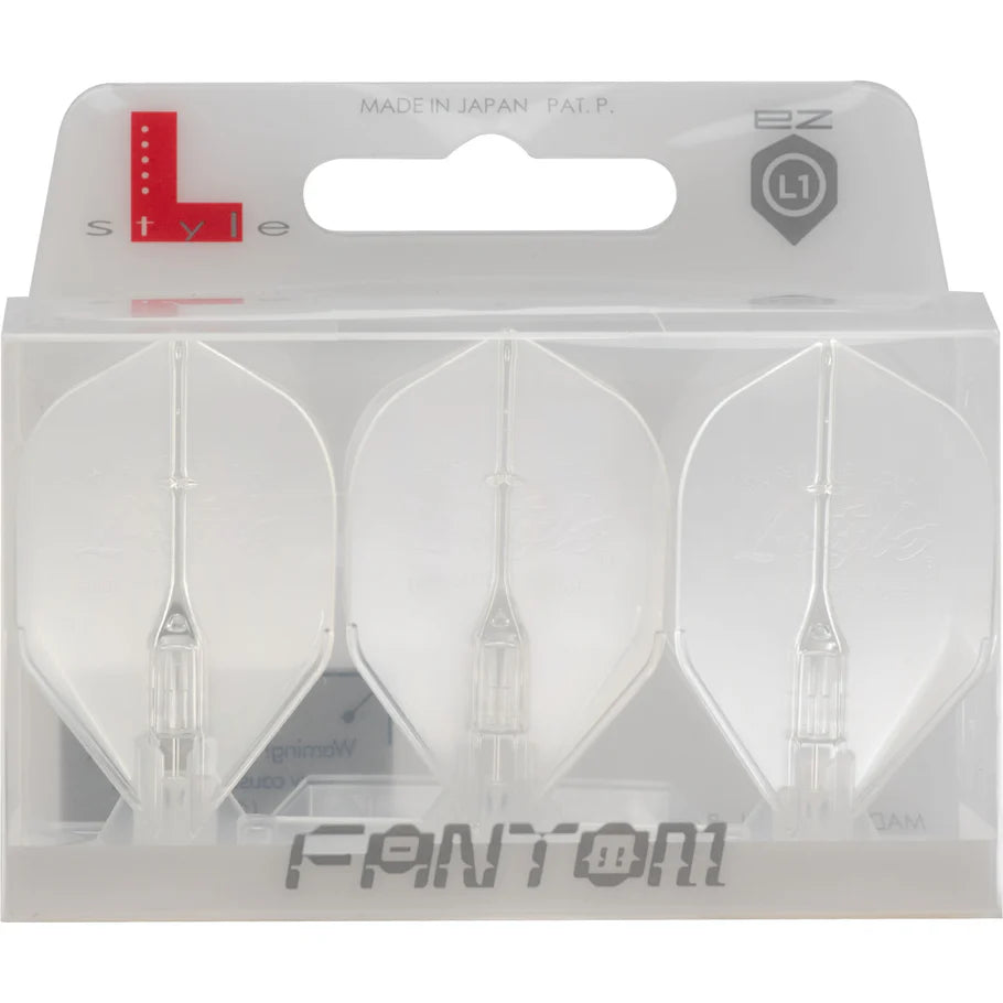Three clear Fantom EZ L1 dart flights in retail packaging, full product view, crystal design for dart setup