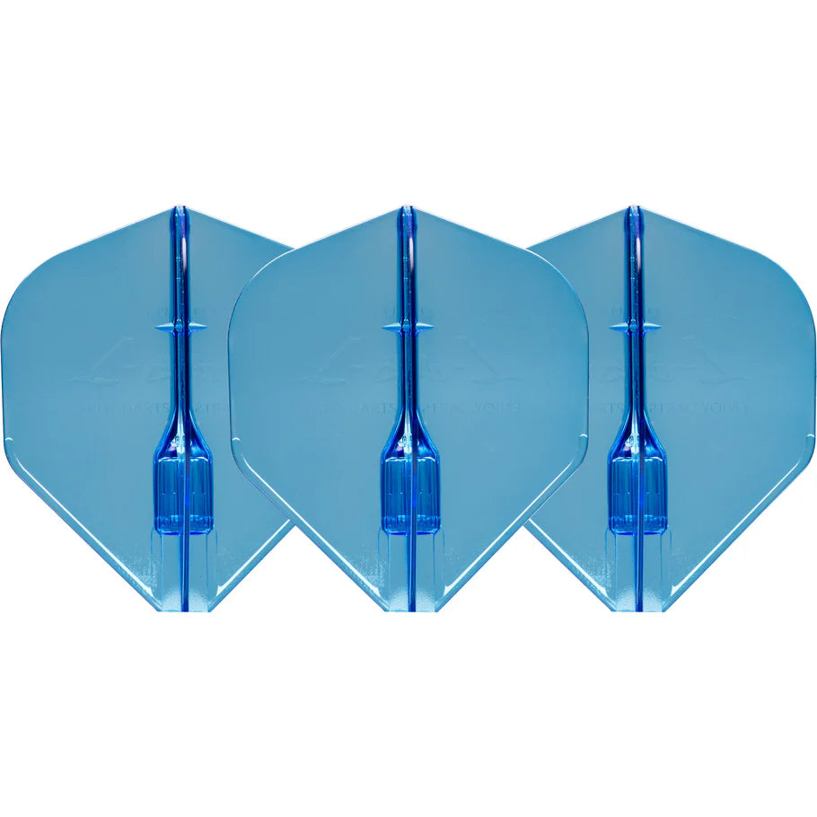 Set of three translucent blue EZ L1 Fantom dart flights, standard shape, displayed front-facing on white background