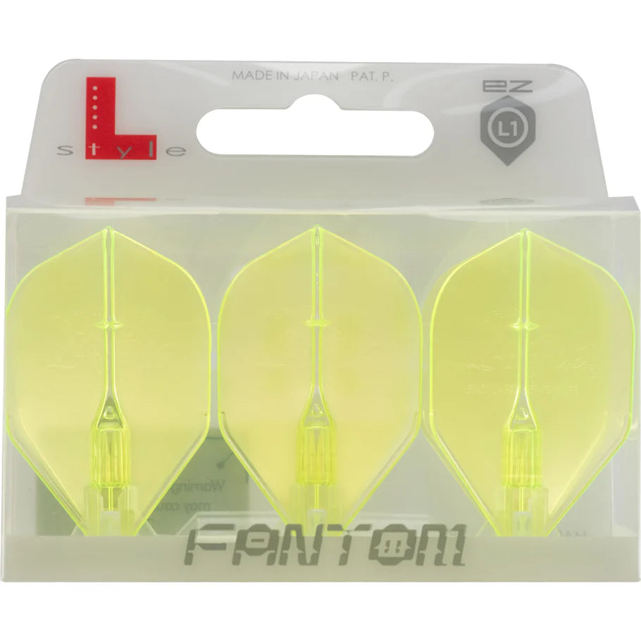 Three translucent yellow L1 Fantom dart flights in retail packaging, full front view, highlighting crystal clear design and durability