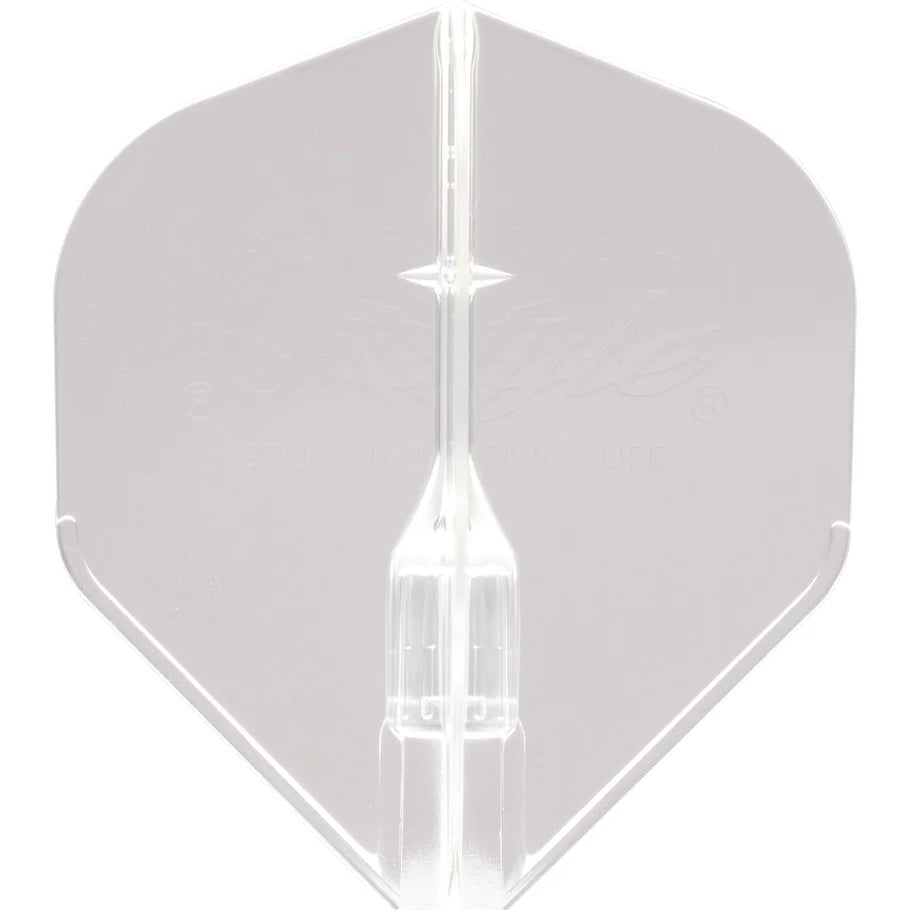 Clear EZ L1 Fantom dart flight full view on white background showing crystal clarity and durable molded construction