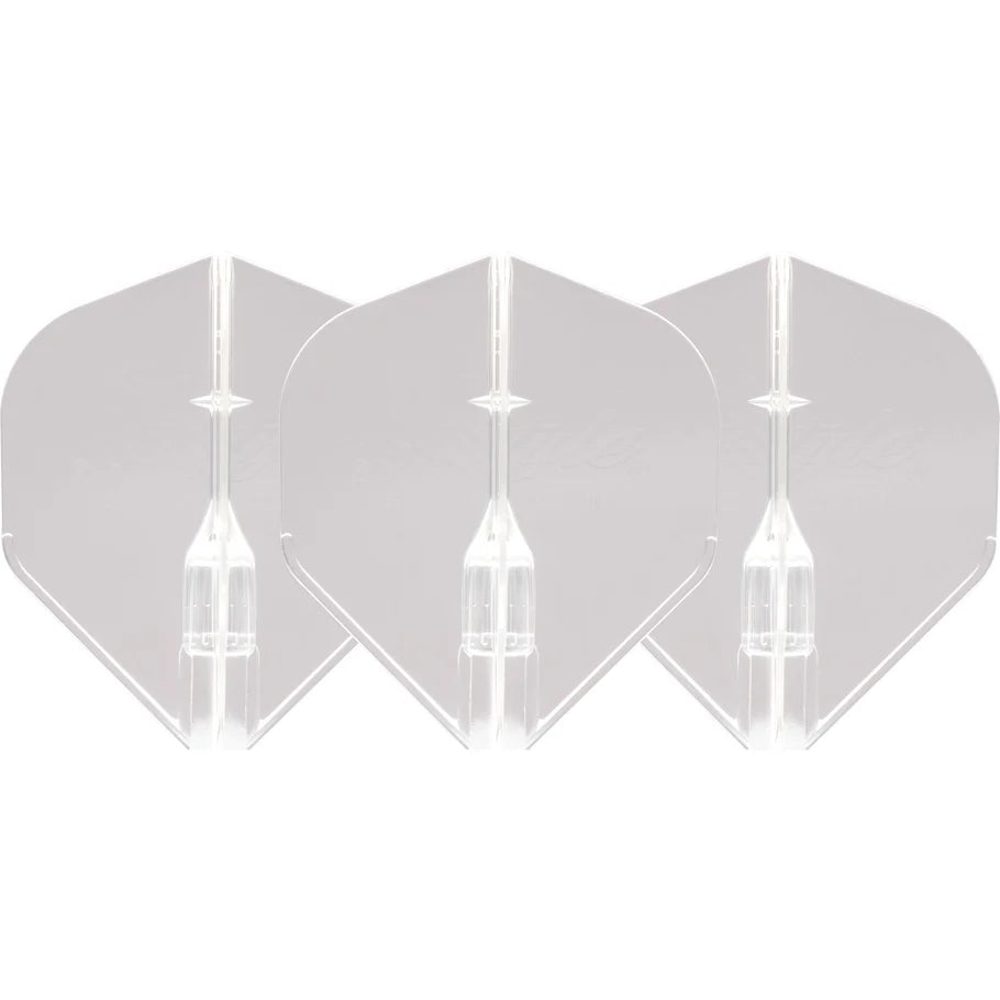 Set of three clear L1 Fantom dart flights displayed side by side on white background, highlighting durable crystal design.