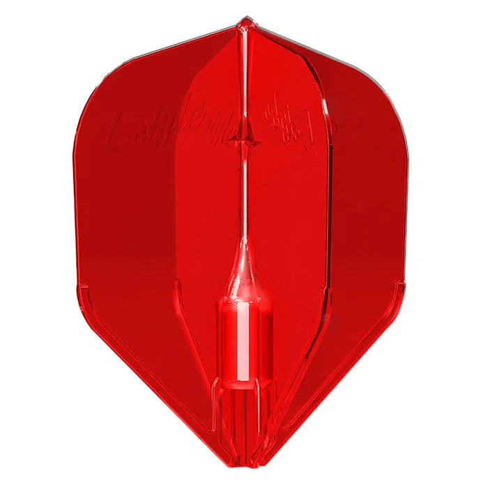 Single red molded dart flight full view on white background showing translucent design and durable construction