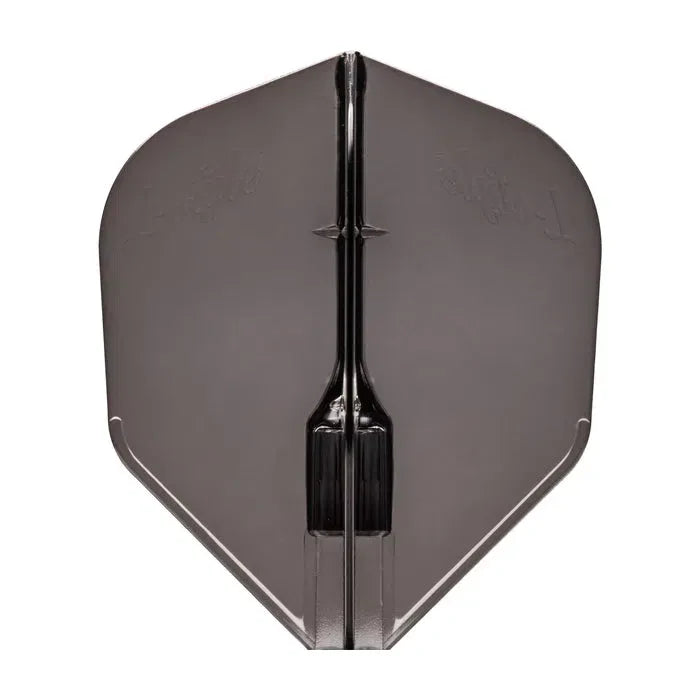 Full view of single black dart flight, standard shape, crystal-clear design, isolated on white background for dart accessories