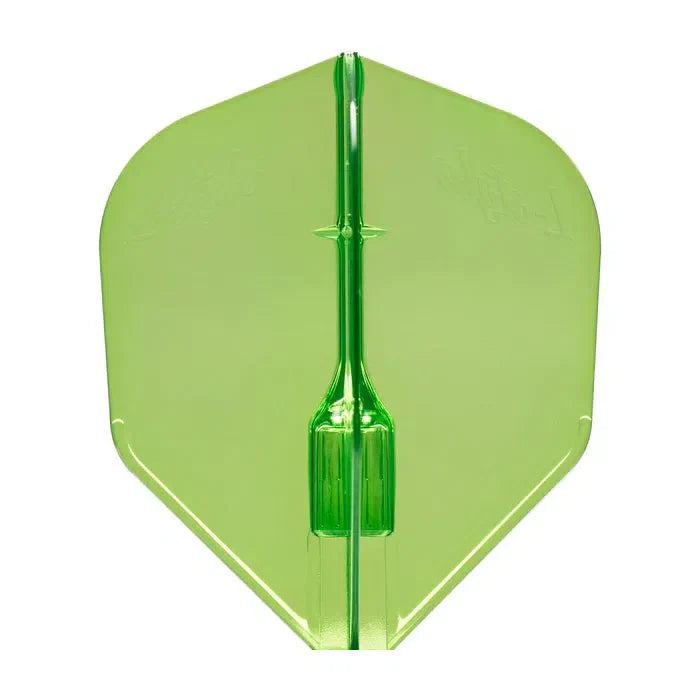 Transparent green molded dart flight full view on white background, showing durability and aerodynamic shape