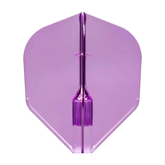 Purple dart flight full view on white background, highlighting crystal clarity and reinforced shaft slot for durability