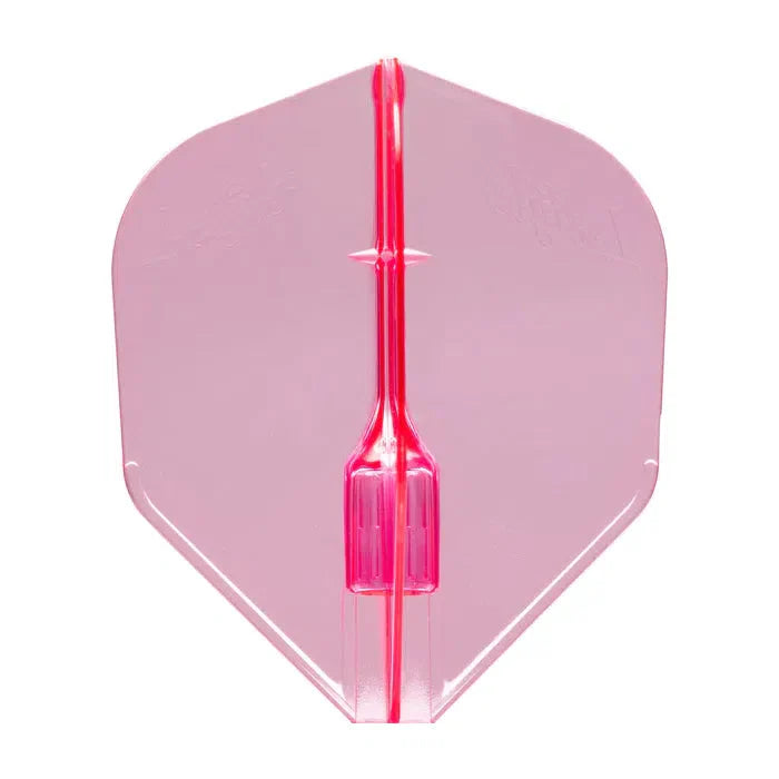 Single pink dart flight top-down view on white background showing reinforced spine and crystal-clear L3 shape