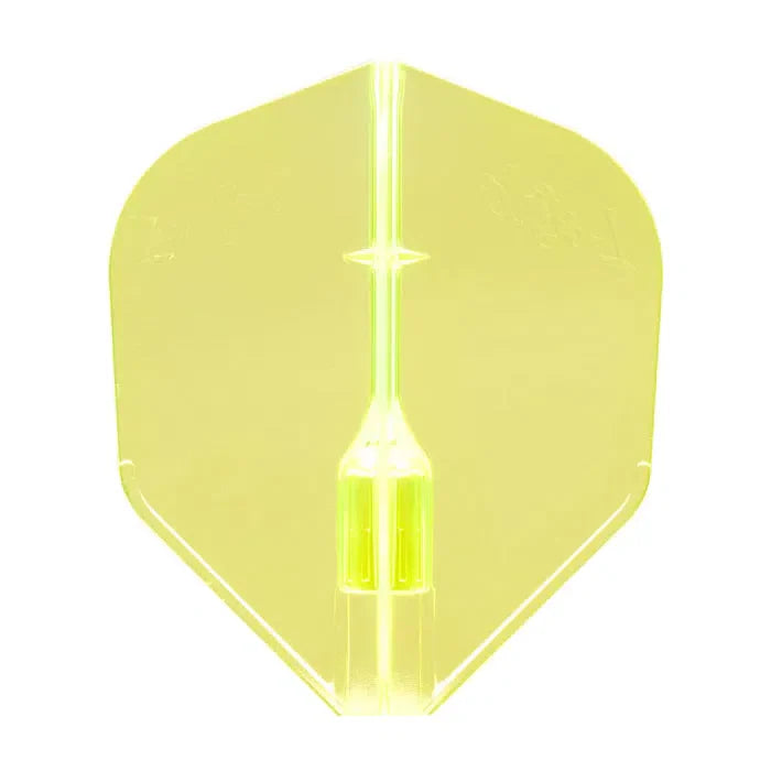 Yellow EZ L3 Fantom dart flight full view, crystal clear strength, standard shape, isolated on white for darts setup