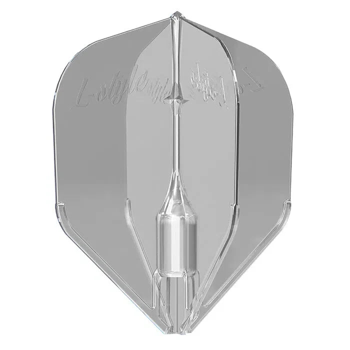 Clear molded dart flight full view isolated on white background highlighting crystal clarity and aerodynamic L3 shape