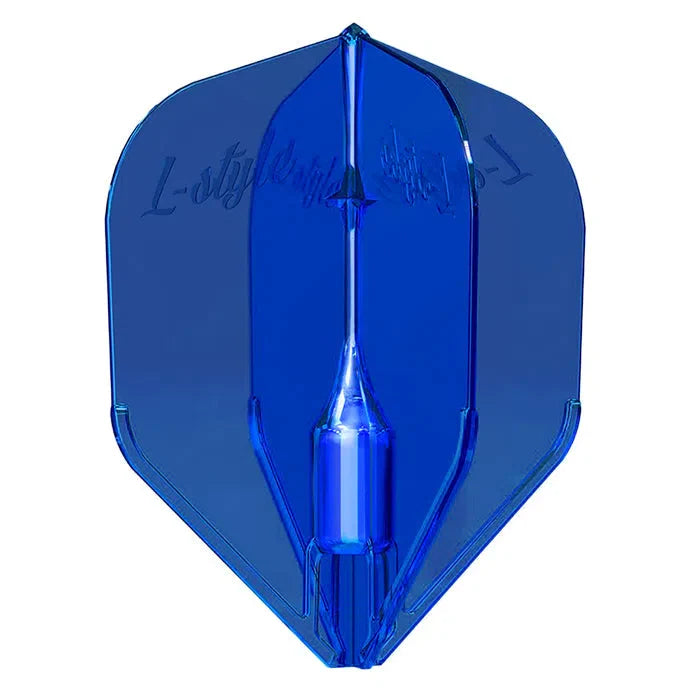Crystal blue dart flight in full front view, isolated on white, highlighting durable construction and embossed design for darts
