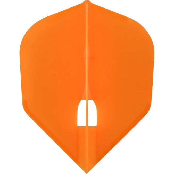 Top view of orange L3 shape dart flight isolated on white, highlighting thickness, molded design and central fitting slot.