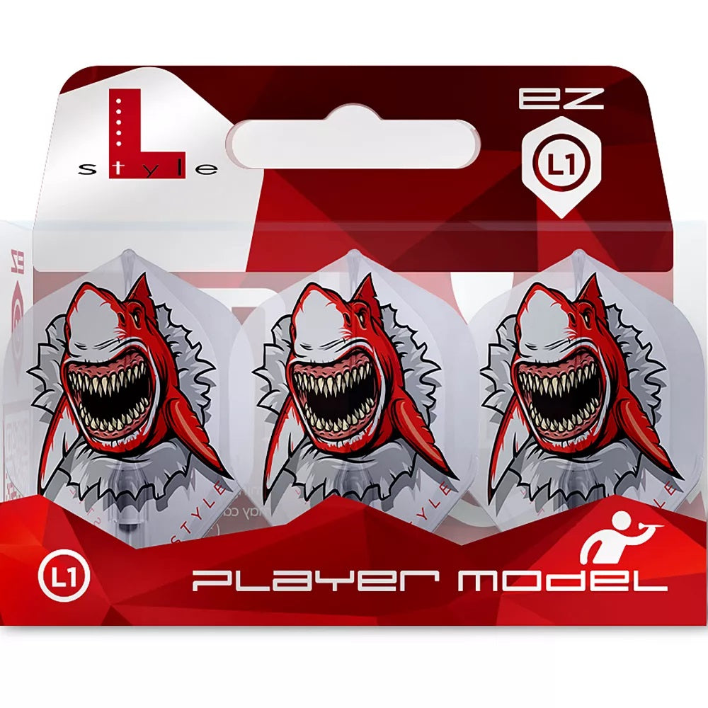 Three clear white L1 standard dart flights with bold shark graphic displayed in retail packaging, perfect for dart players seeking unique flight designs