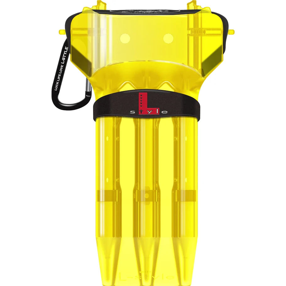 Full front view of yellow dart case with carabiner, three dart compartments, and transparent design for dart storage