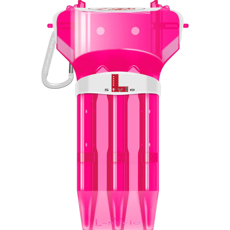 Pink translucent dart case for assembled darts with three compartments, carabiner clip, full front view on white background
