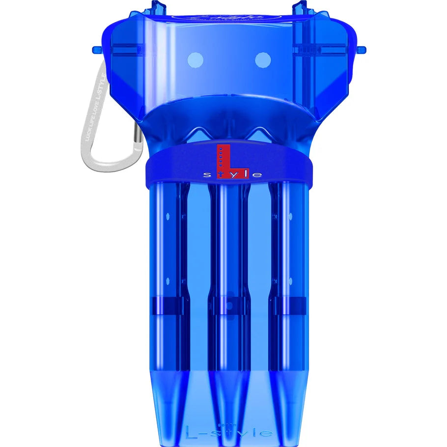 Blue Krystal One V2 dart case front view with carabiner and three dart tube compartments on white background