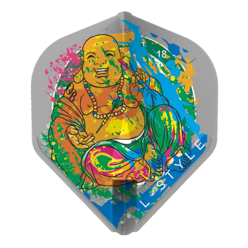 Standard grey dart flight with colorful Buddha design, full front view, isolated on white background for darts equipment buyers
