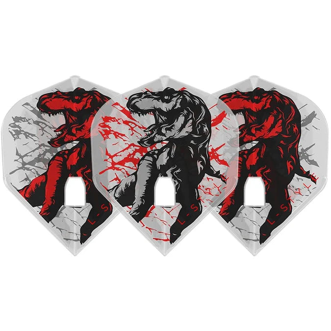 Standard L1 dart flights set of three with clear white base and bold T-Rex graphic, displayed side by side on white background