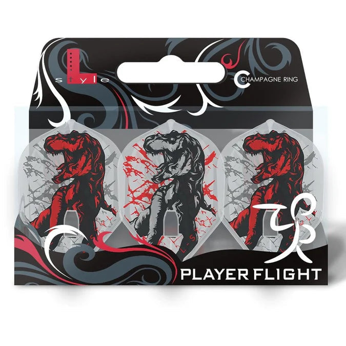 Three clear white L1 standard dart flights with T-Rex design displayed in retail packaging, set of 3 for darts players
