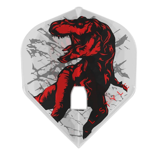 Standard shape dart flight in clear white with bold red T-Rex graphic, full product view on white background