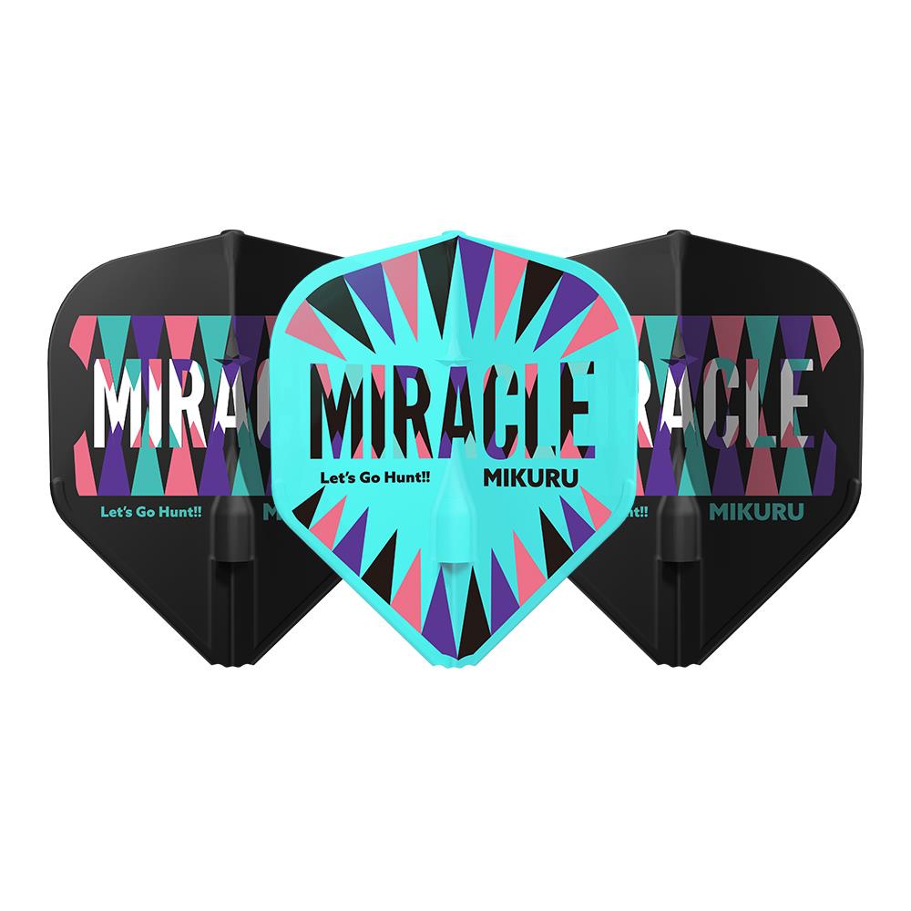 Standard shape dart flights arranged front-facing on white, bold MIRACLE design with vibrant geometric patterns for darts accessories