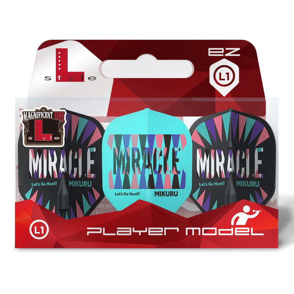Three EZ L1 standard dart flights with colorful geometric MIRACLE Mikuru design shown in retail packaging, full front view