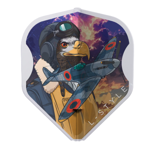 Standard clear white dart flight with colorful eagle pilot and fighter jet illustration, isolated full view for dart accessories