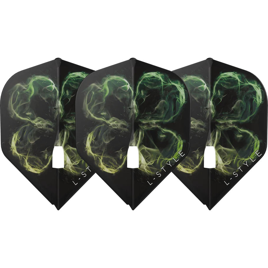 Four black molded L1 Pro dart flights with green smoke pattern, full front view, isolated on white background