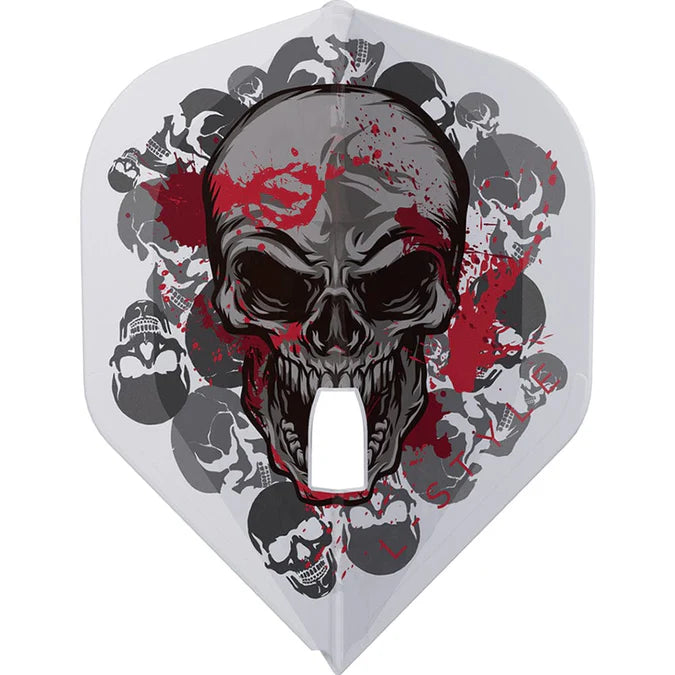 Clear white L1 Pro dart flight with large skull graphic, red splatter detail, isolated front view for dart accessories