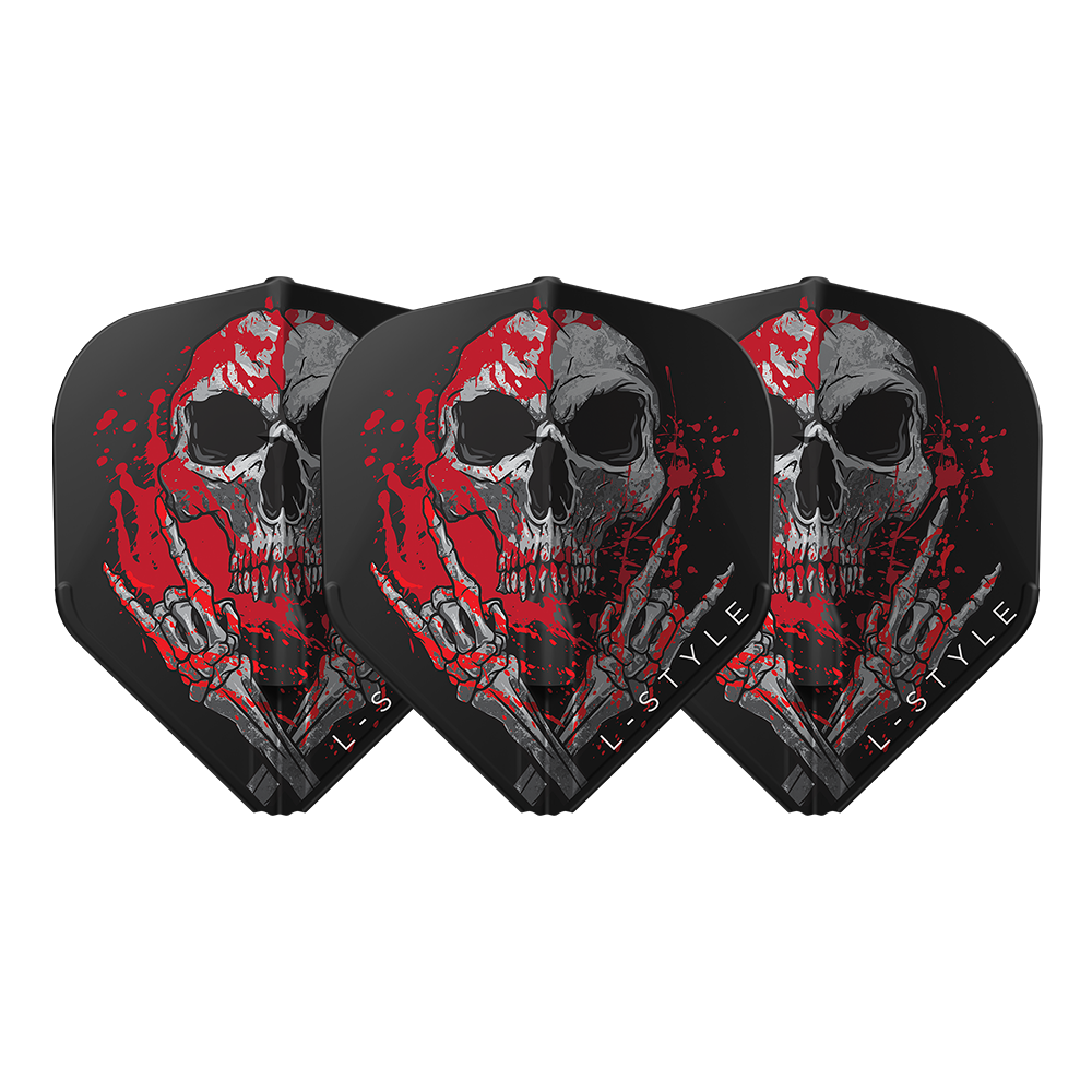 Three black standard dart flights with red skull graphic, front-facing view, arranged side by side for dart setup display.