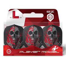 Set of three black EZ L1 standard dart flights with red skull graphic in retail packaging, full frontal view for darts accessories