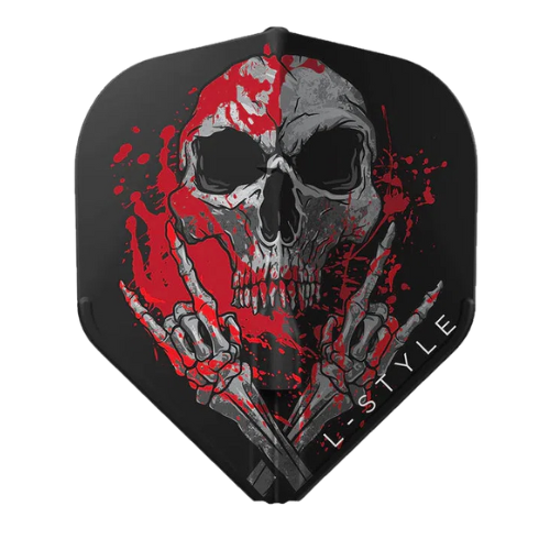 Ryan Searle V3 Black EZ L1 Standard dart flight close-up with skull and red splatter design, single flight on white background