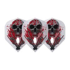Three clear white standard dart flights side by side featuring bold skull and red claw artwork, isolated on white background.