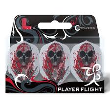Three clear white standard dart flights with red skull design in retail packaging, full product view for darts accessories
