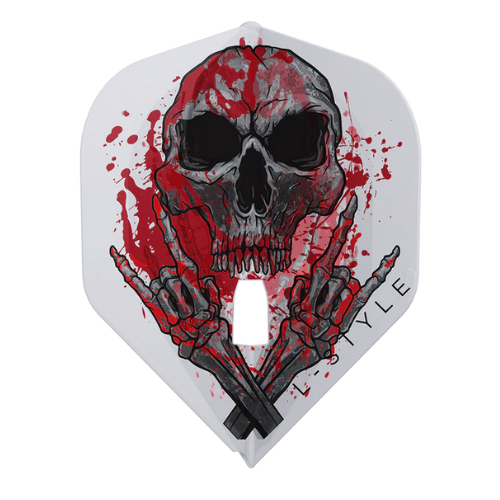 Standard dart flight in clear white with bold skull and red splatter artwork, displayed isolated for dart accessories buyers