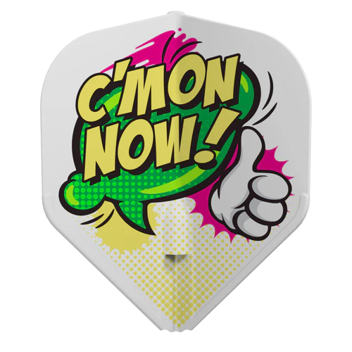 Close-up single white EZ L1 standard dart flight with bold comic C'MON NOW! text and thumb design, isolated on white background