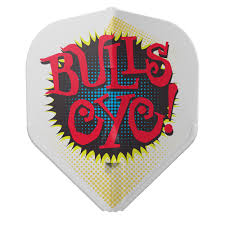 Single white standard dart flight with bold red 'BULL'S EYE!' graphic, comic-style detailing, isolated on white background