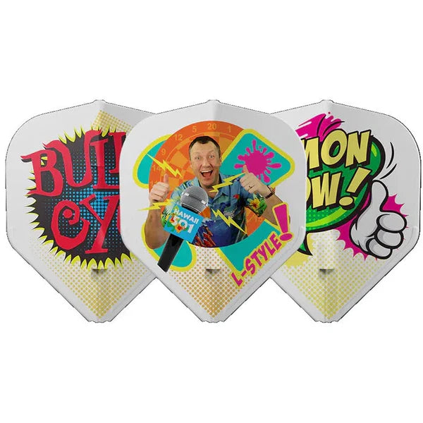 Three white standard dart flights arranged side by side, featuring comic-style graphics and bold player-themed designs