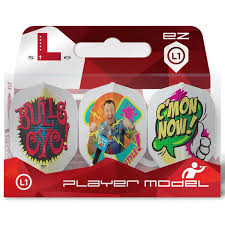 Three white L1 standard dart flights with colorful Wayne Mardle themed designs in retail packaging, front view