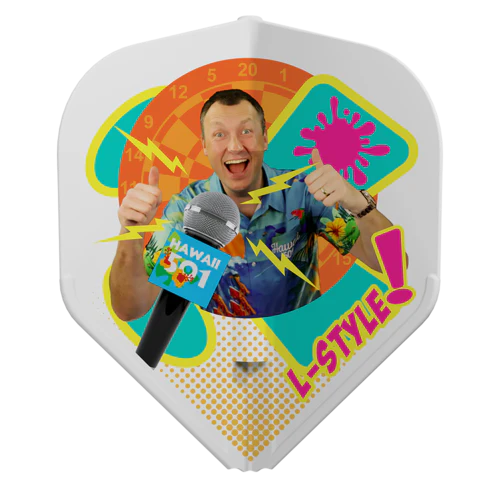 Close-up of a white L1 standard dart flight featuring colorful Wayne Mardle graphic, vibrant print, and durable molded shape for dart players