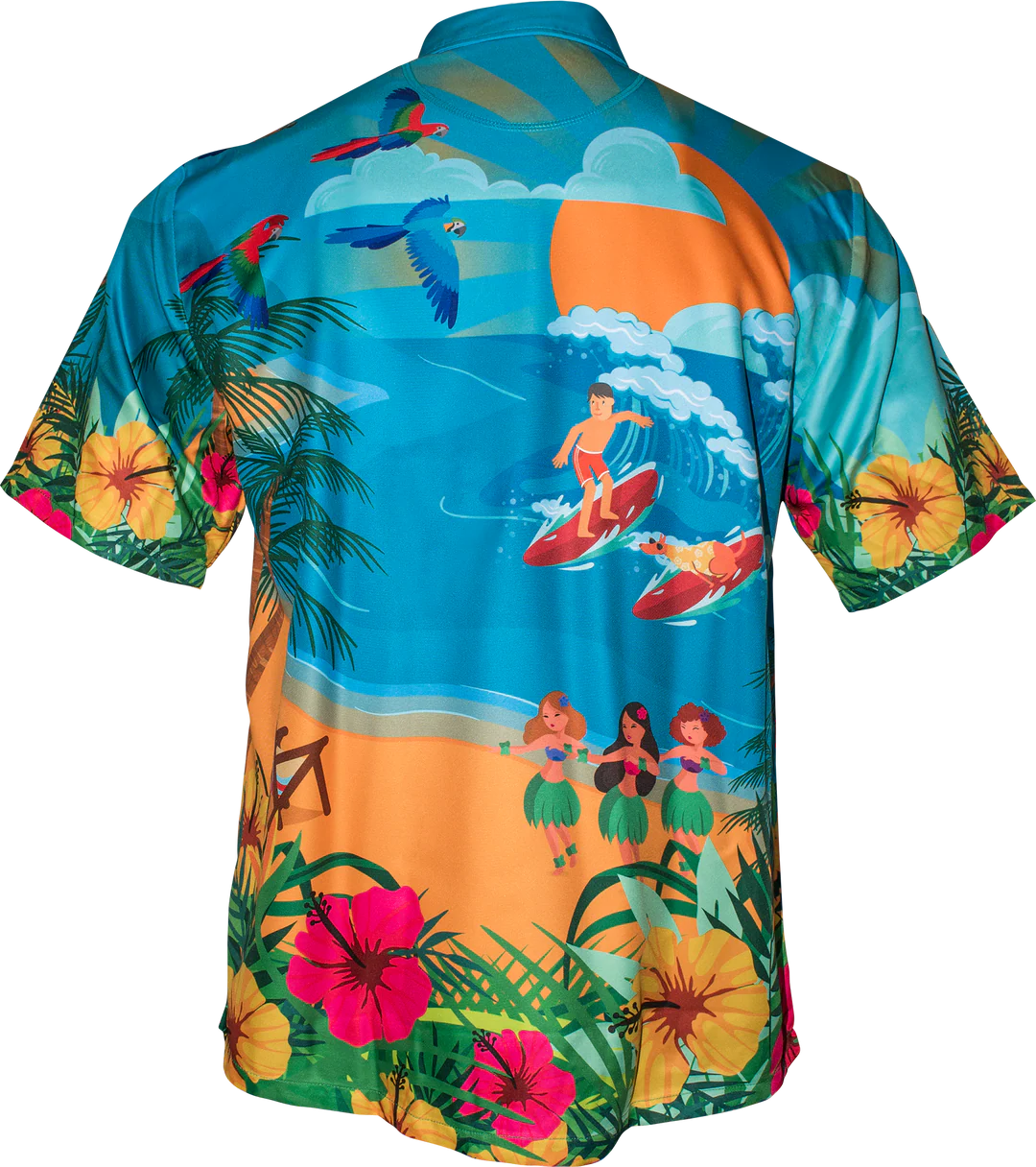 Back view of official Wayne Mardle darts shirt with tropical beach, surfers, parrots, and hibiscus design on polyester fabric