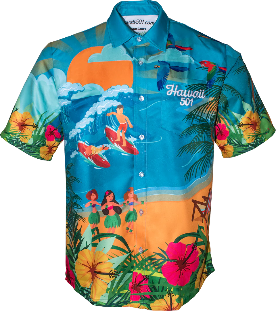 Full front view darts shirt with Hawaii 501 text, colorful beach and surf graphics, isolated on white, ideal for darts apparel fans