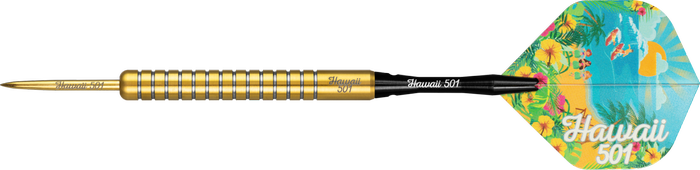 Full view of gold 90% tungsten dart with ringed grip, engraved barrel, and Hawaii 501 tropical flights on black background