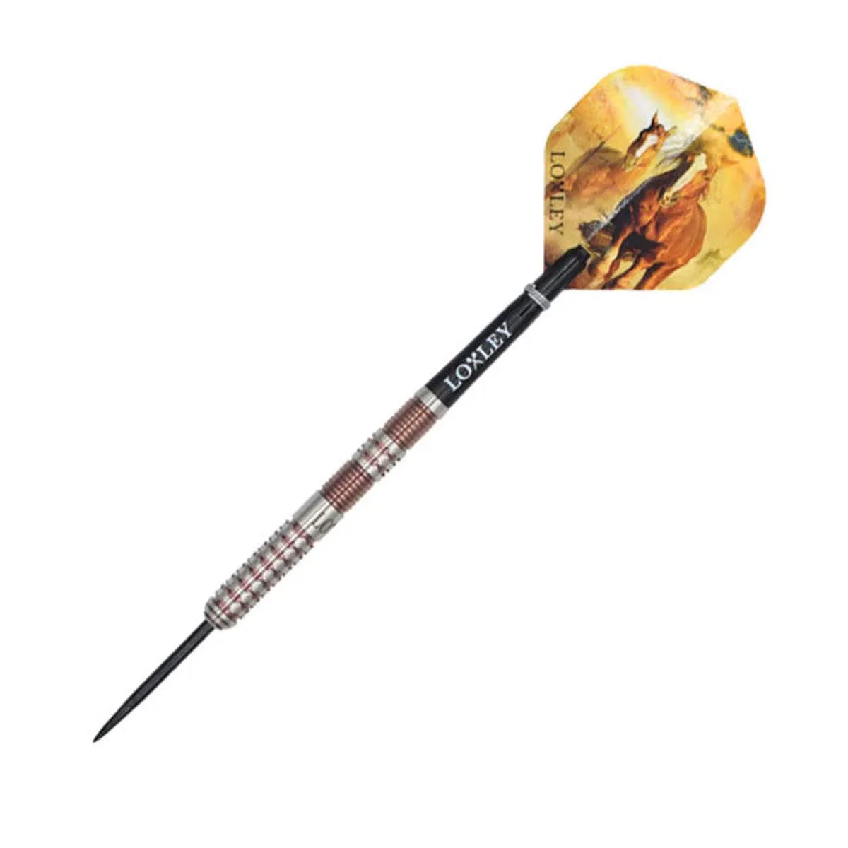 Full tungsten dart on white background with precision grip rings and Mustang horse-themed dart flight