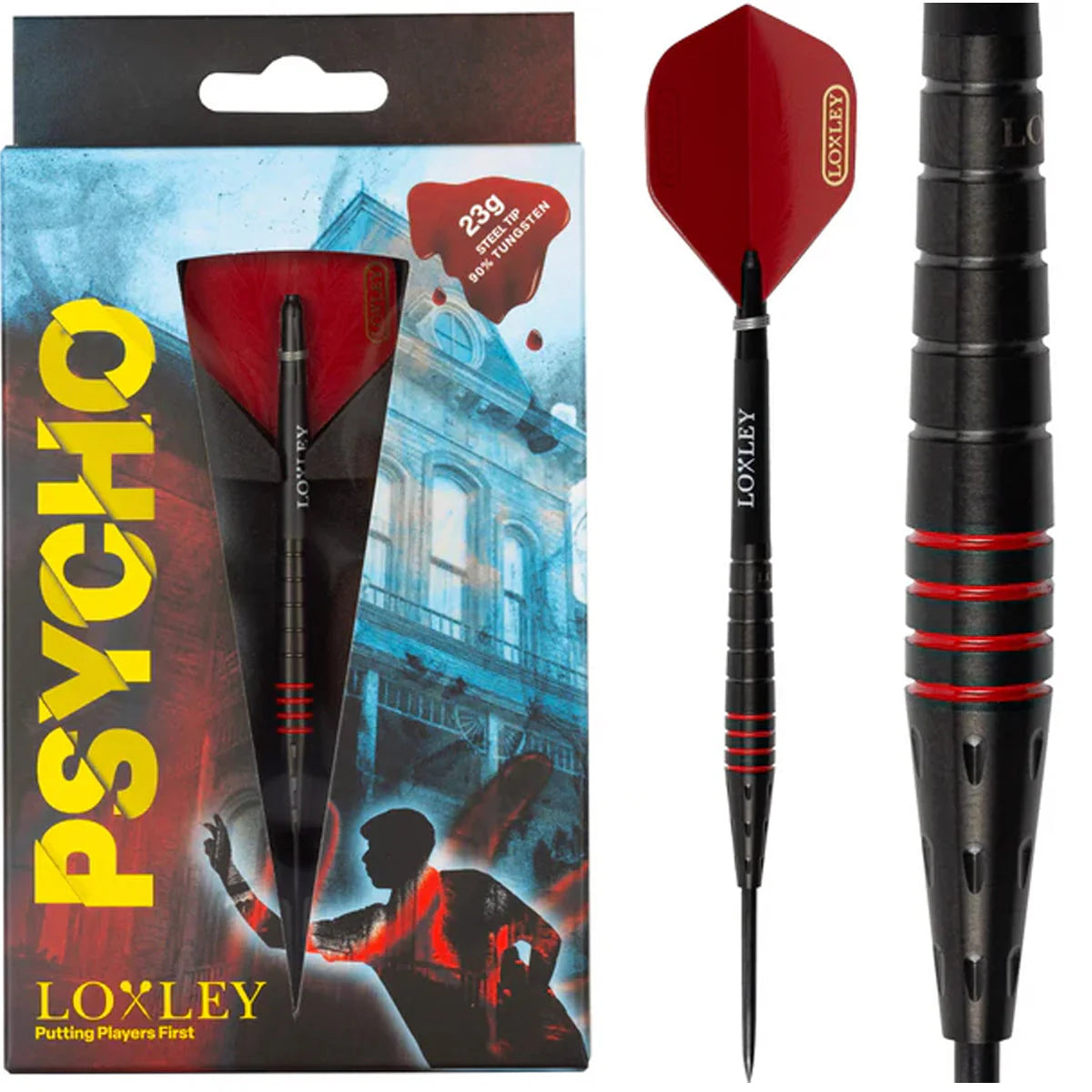 Black and red 90% tungsten steel tip dart set in retail packaging with close-up showing barrel grip rings and blood red flights